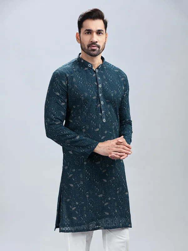 Teal blue georgette kurta pajama for men