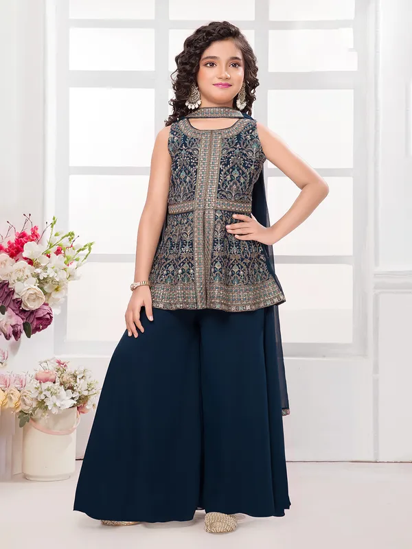 Teal blue georgette sleeveless palazzo salwar suit