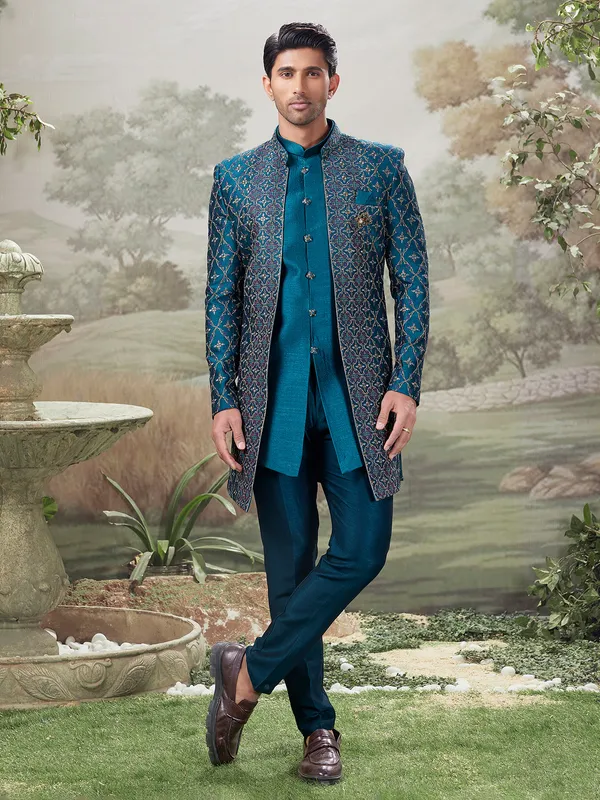 Teal blue indo western for wedding functions