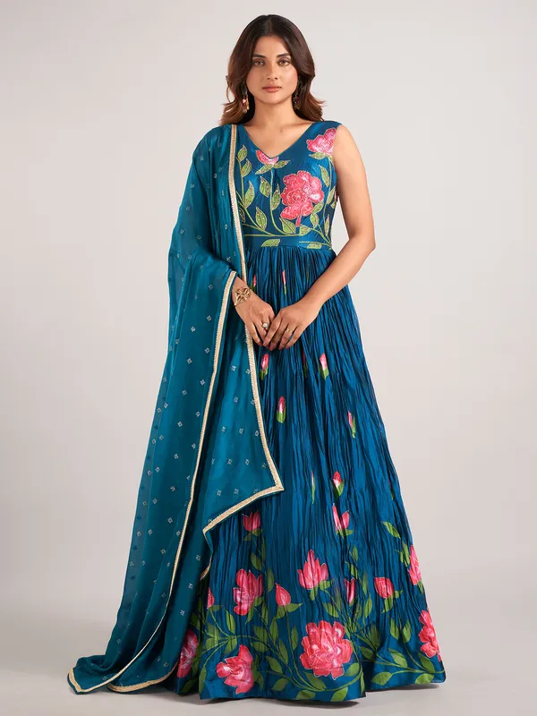 Teal blue printed anarakali suit with dupatta