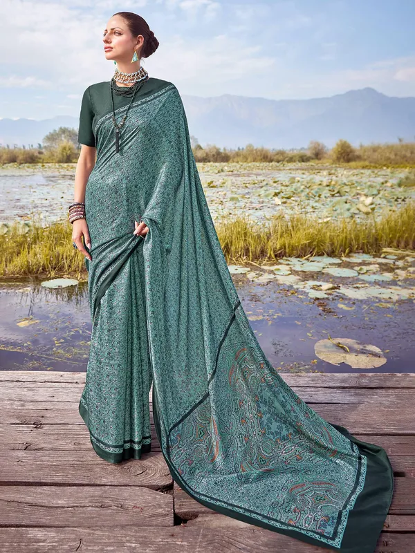 Teal blue printed bhagalpuri silk saree