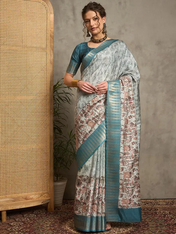 Teal blue printed bhagalpuri silk saree for women