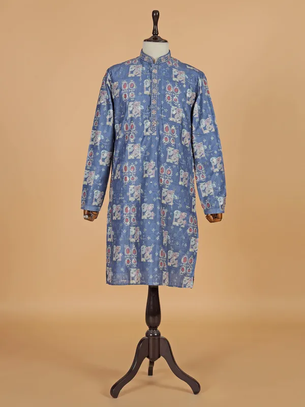 Teal blue printed kurta suit for men