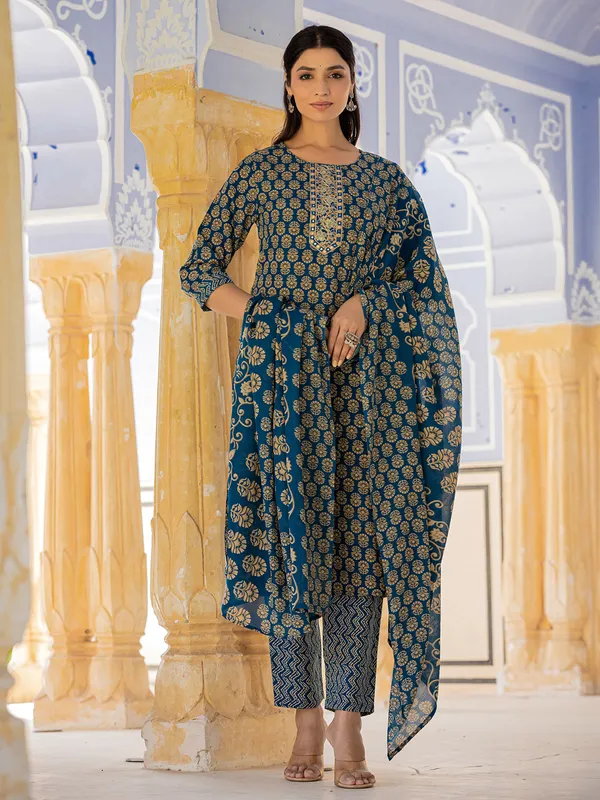 Teal blue printed kurti set with dupatta