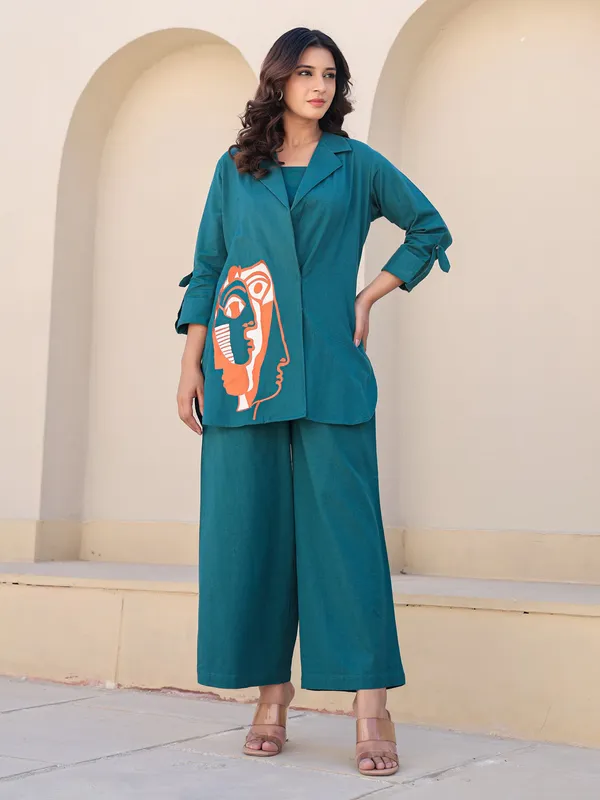 Teal blue printed palazzo set with jacket