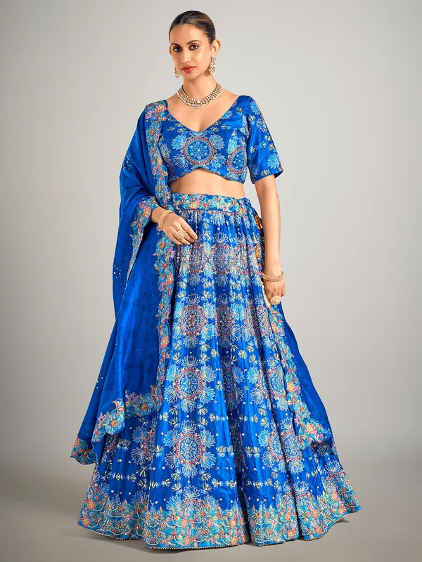 Teal blue printed silk wedding wear lehenga choli