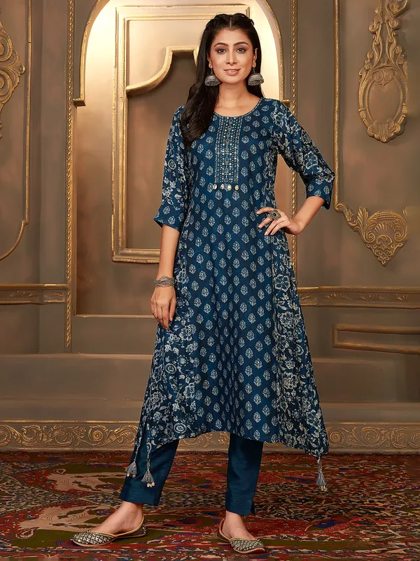 Teal blue russian silk printed a line kurti