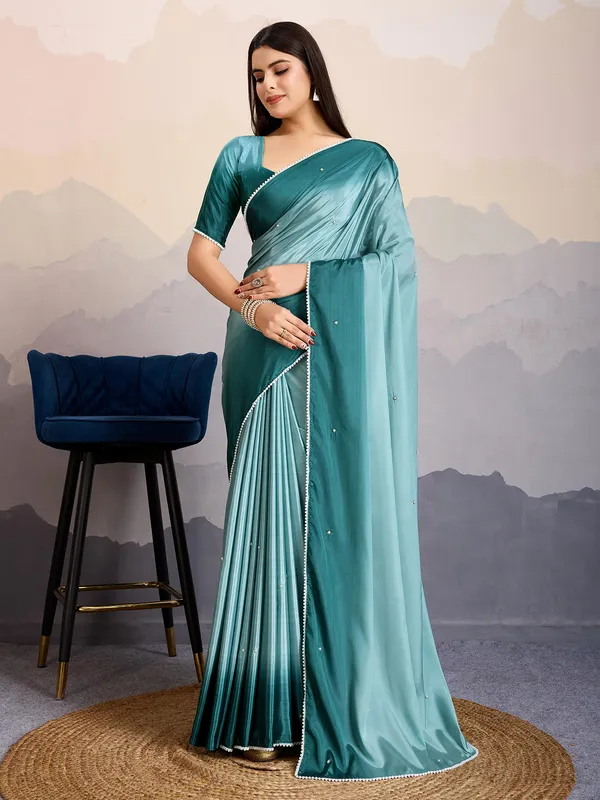 Teal blue satin silk saree for festive parties