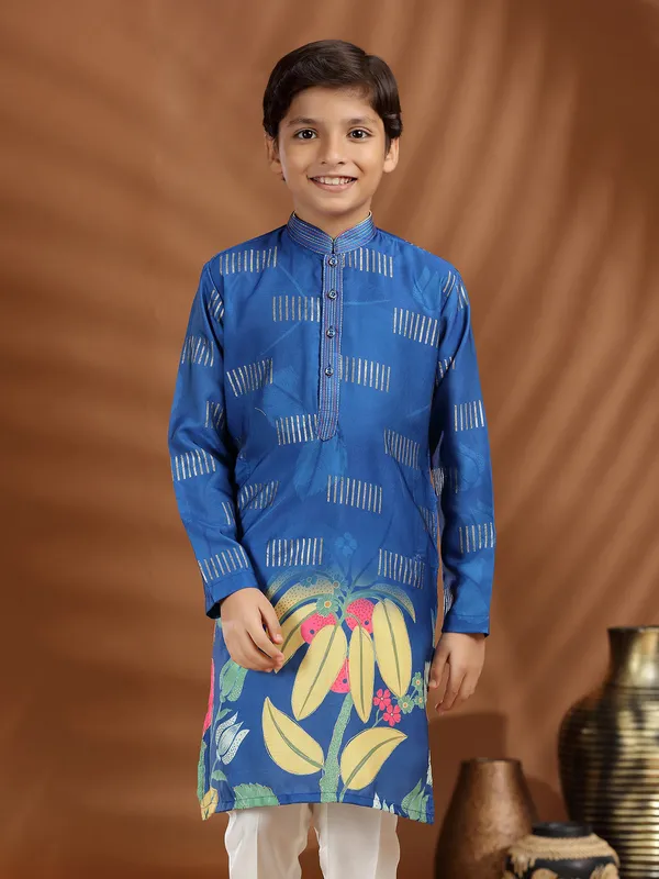 Teal blue silk kurta pajama in printed