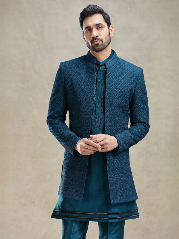 Teal blue silk open style jacket indo-western