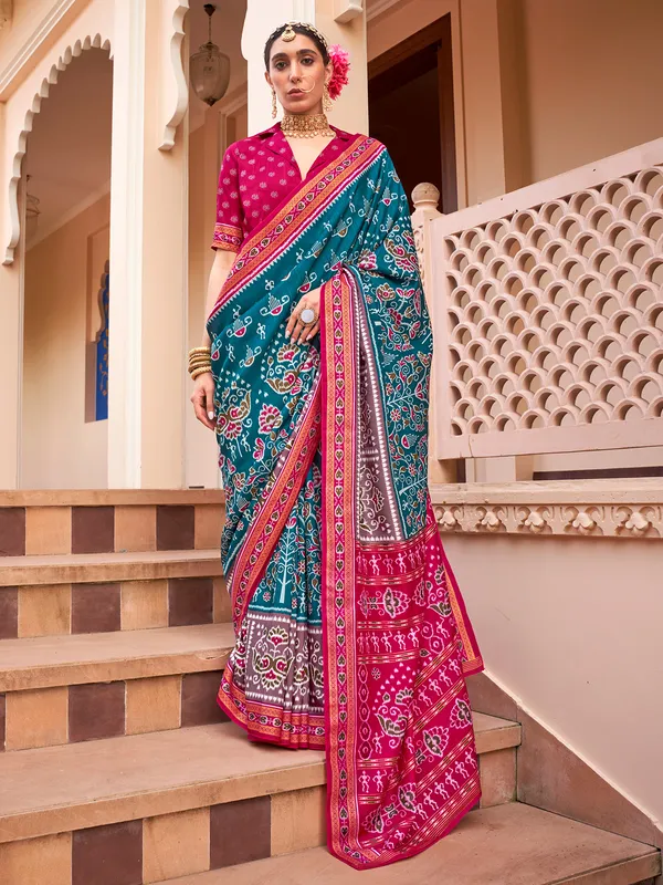 Teal blue silk wedding saree for women