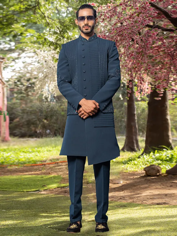 Teal blue terry rayon indowestern for reception