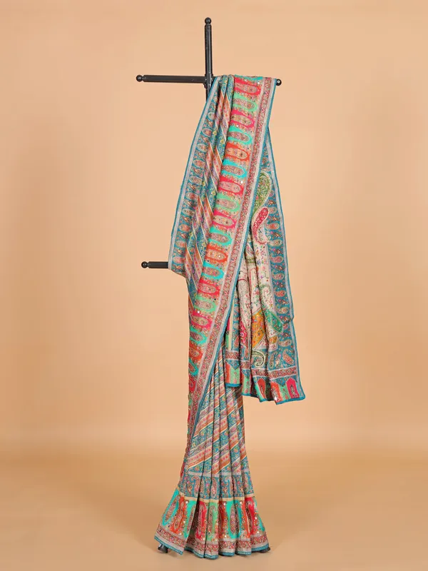 Teal blue wedding wear silk saree with zari weaving