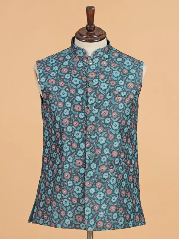 Teal blue zari textured waistcoat for men