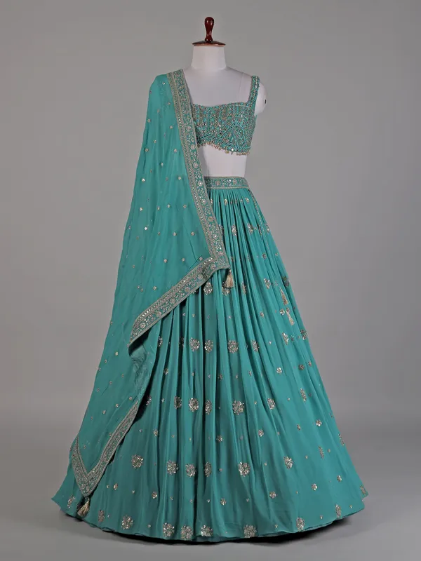 Teal green georgette lehenga for wedding