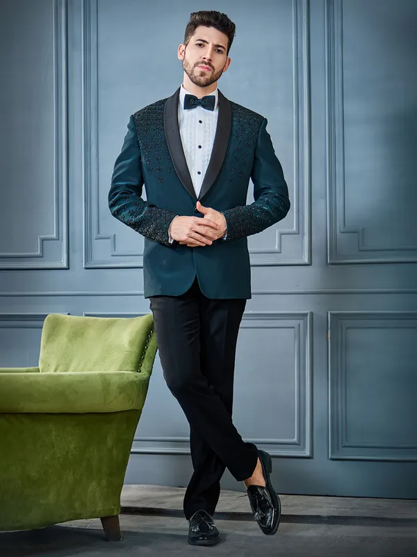 Teal green metal pearls embellished tuxedo suit