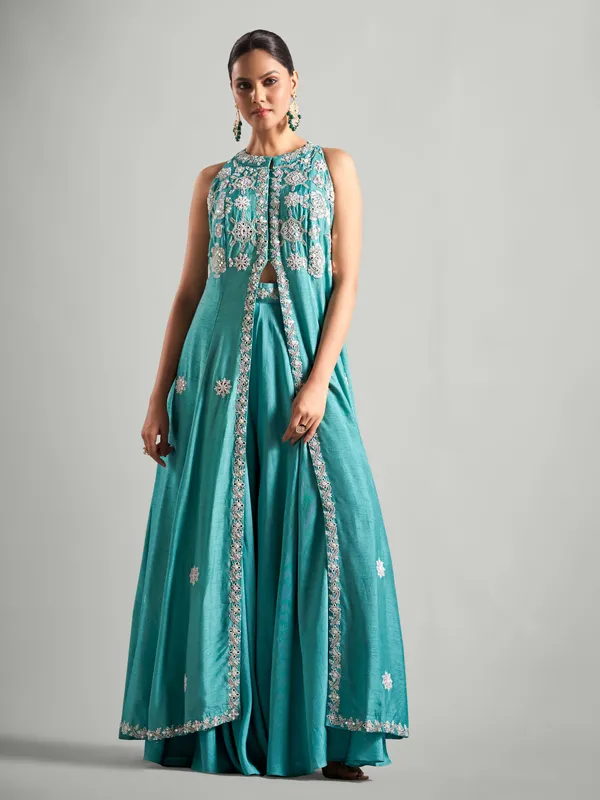 Teal green silk palazzo salwar suit