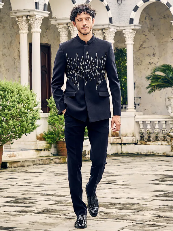 Classy terry rayon navy jodhpuri suit