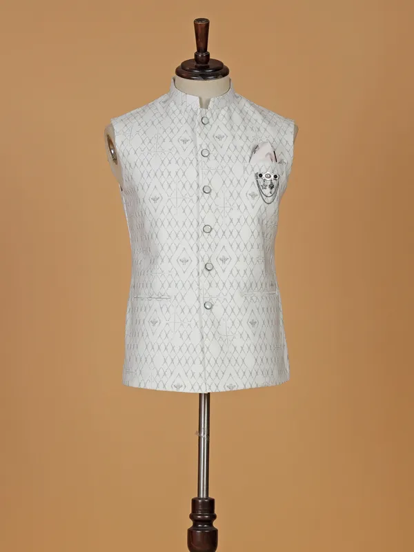 Terry rayon printed waistcoat in off-white