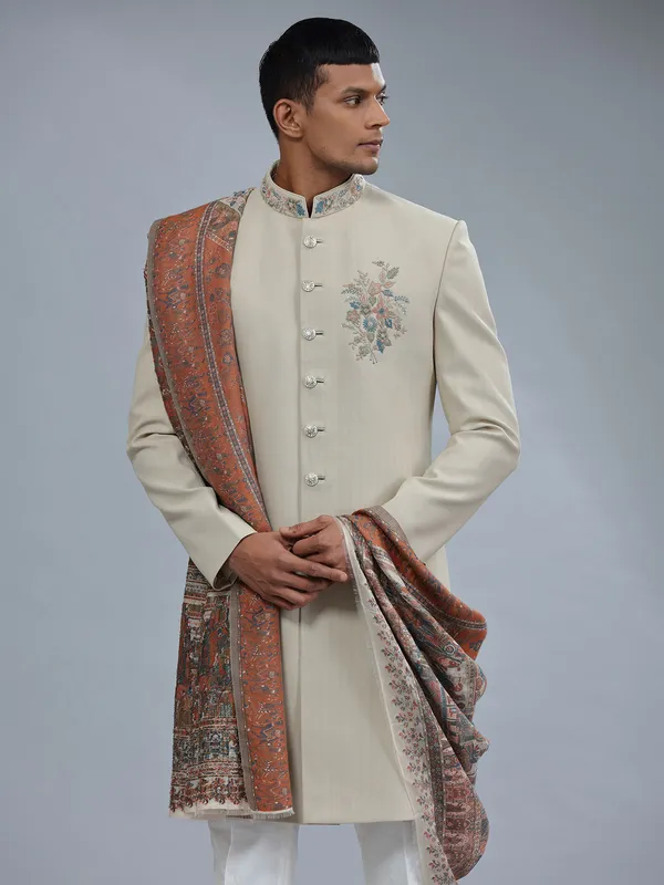 Terry rayon textured pattern khakhi sherwani for men