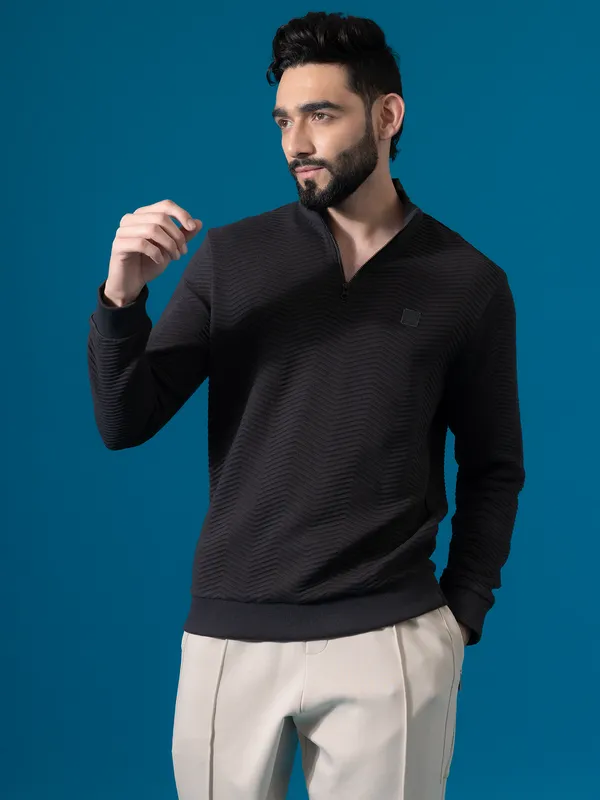 Textured black polo neck sweat t-shirt