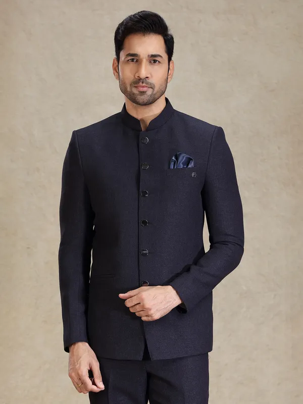 Textured navy jacquard net bandh gala suit