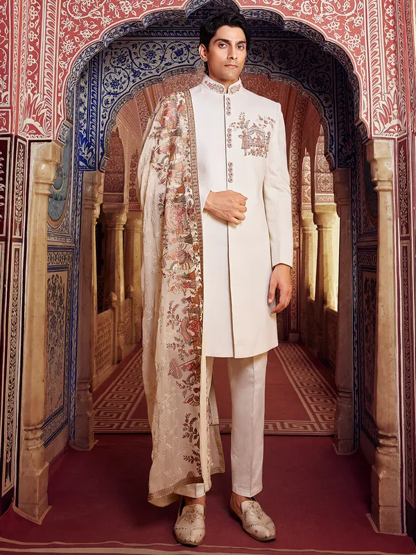 Textured raw silk ccream sherwani for groom