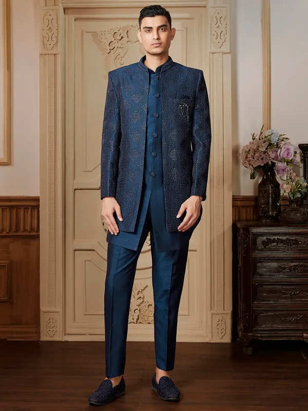 Textured terry rayon mint blue Indowestern for classy men