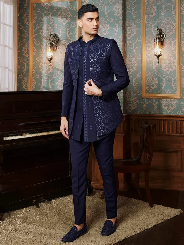 Textured terry rayon navy blue Indowestern for classy men