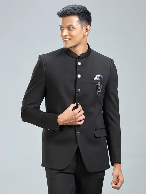 Timeless black jodhpuri blazer in luxurious terry rayon fabric