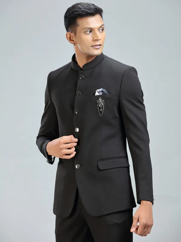 Timeless black jodhpuri suit in luxurious terry rayon fabric