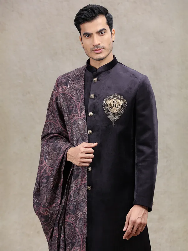 Timeless classsy wine sherwani in velvet with dupatta
