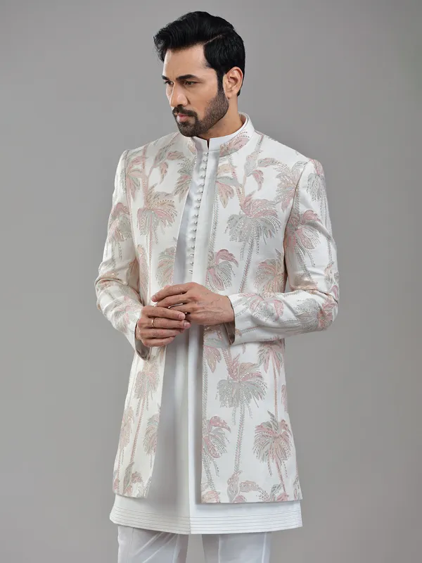 Timeless cream silk jacket style indowestern with delicate works
