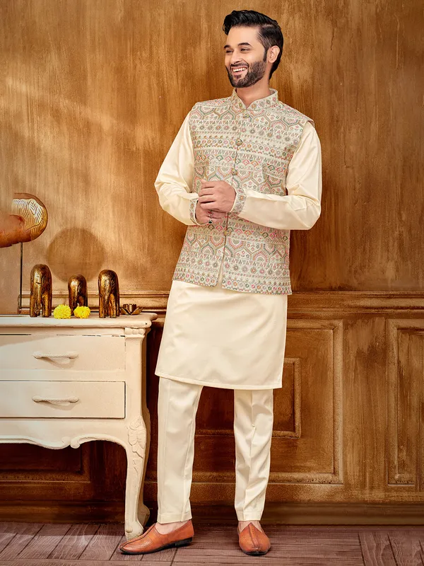 Timeless elegance cream embroidered waistcoat set for men