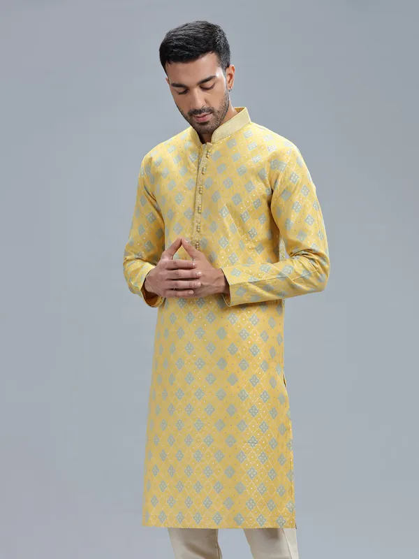 Timeless yellow cotton silk kurta pajama for men