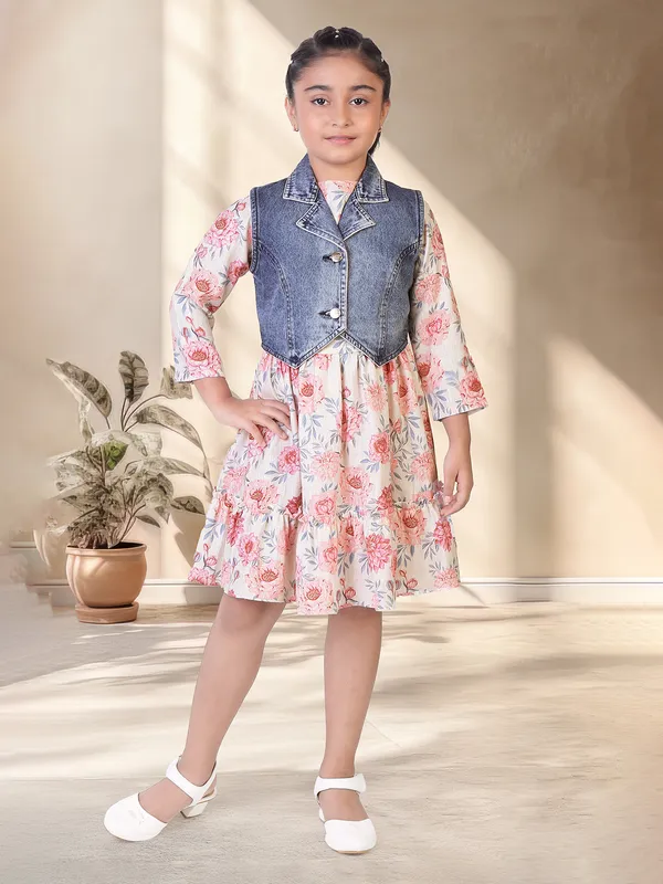 TINY GIRL off white printed frock with denim jacket