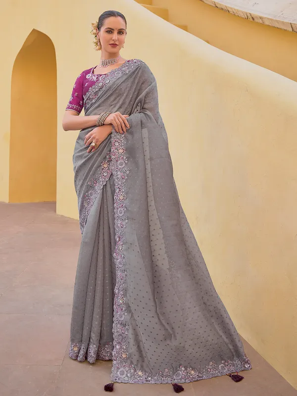 Tissue organza silk grey saree