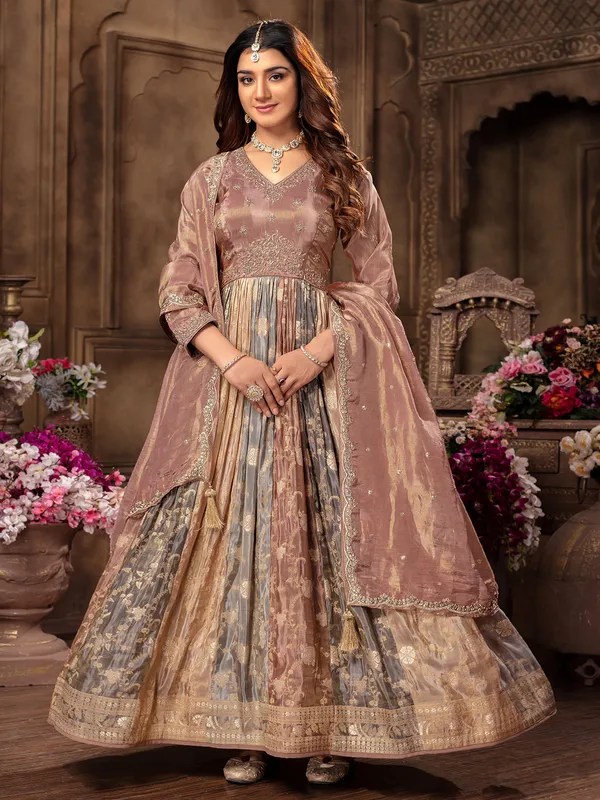 Tissue silk onion pink anarkali suit