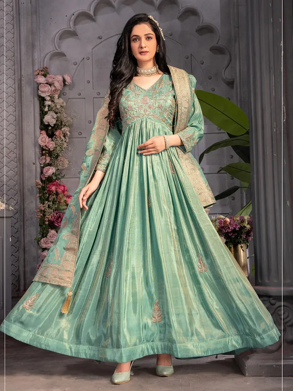 Tissue silk sea green anarkali suit