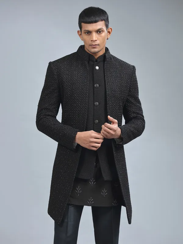 Traditional black terry rayon indowestern