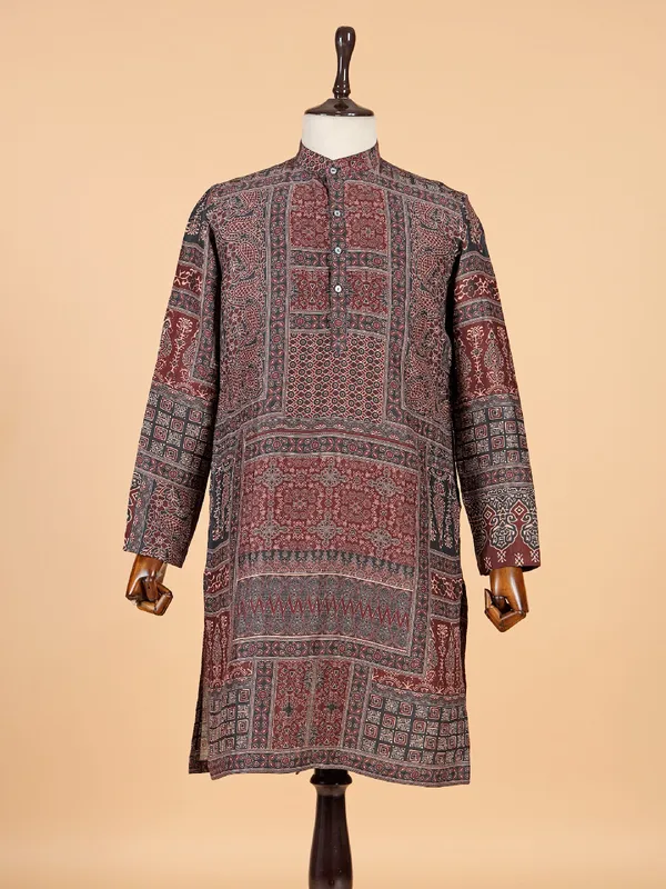 Traditional brown printed cotton kurta for men