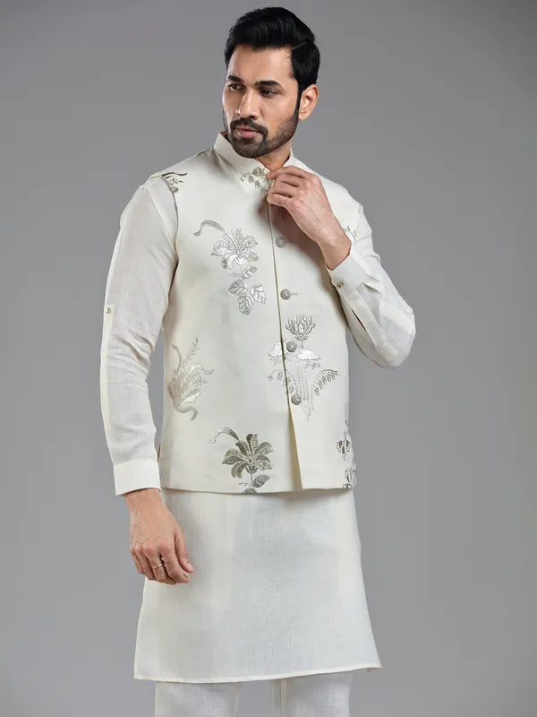 Traditional cream cotton linen kurta jacket set