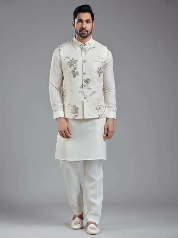 Traditional cream cotton linen kurta jacket set