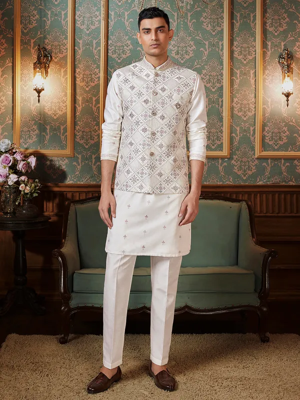 Traditional ivory kurta jacket set for men