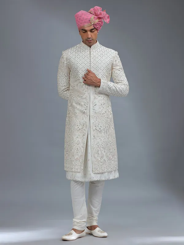 Traditional light cream peshwai style sherwani