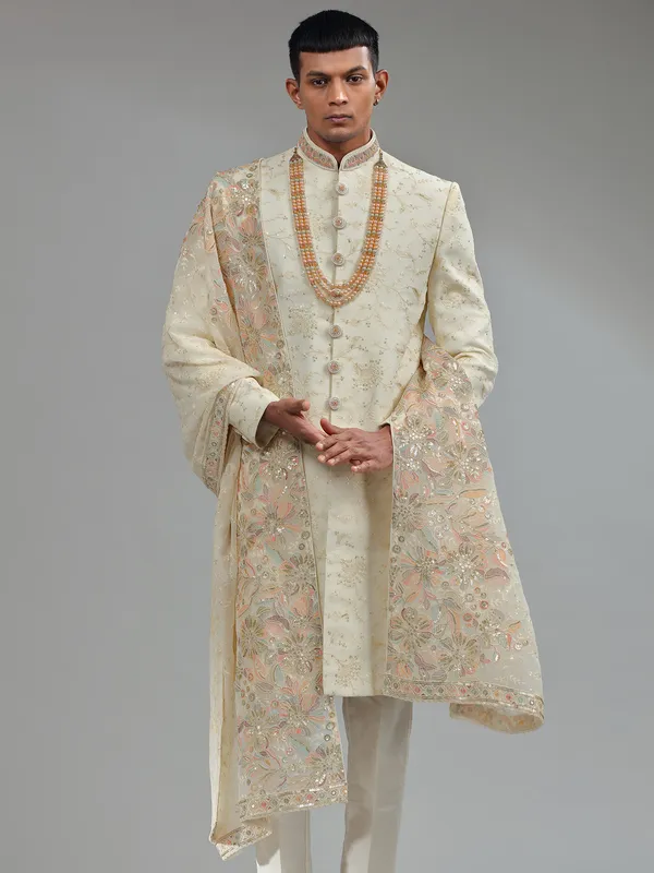 Traditional Off-white georgette sherwani for groom