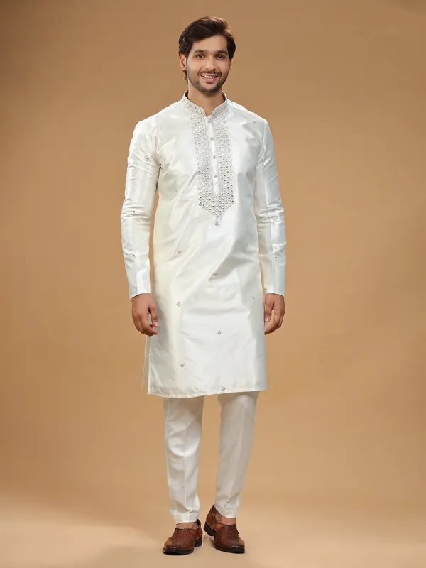 Traditional silk cream kurta suit
