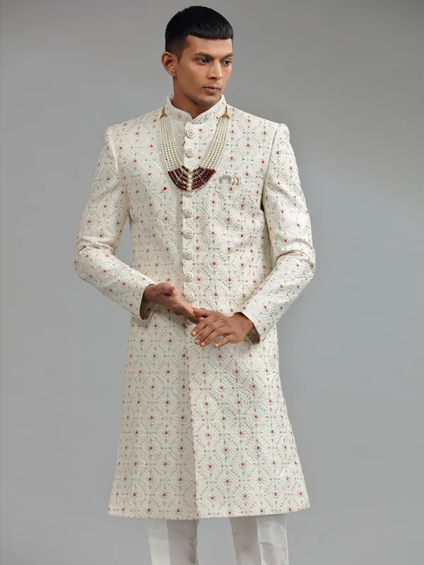 Traditional white silk sherwani wuth bottom
