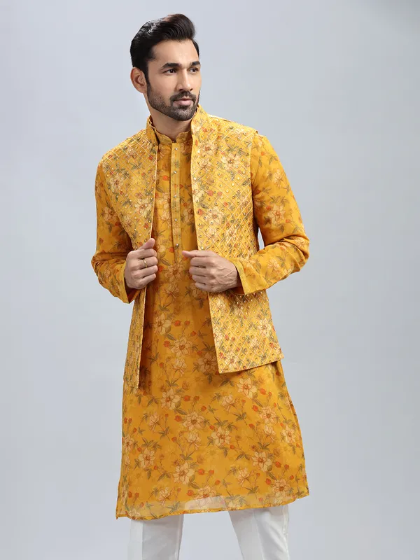Traditional yellow georgette waistcoat set for men