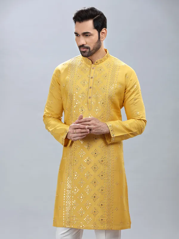 Traditional yellow silk kurta set for men